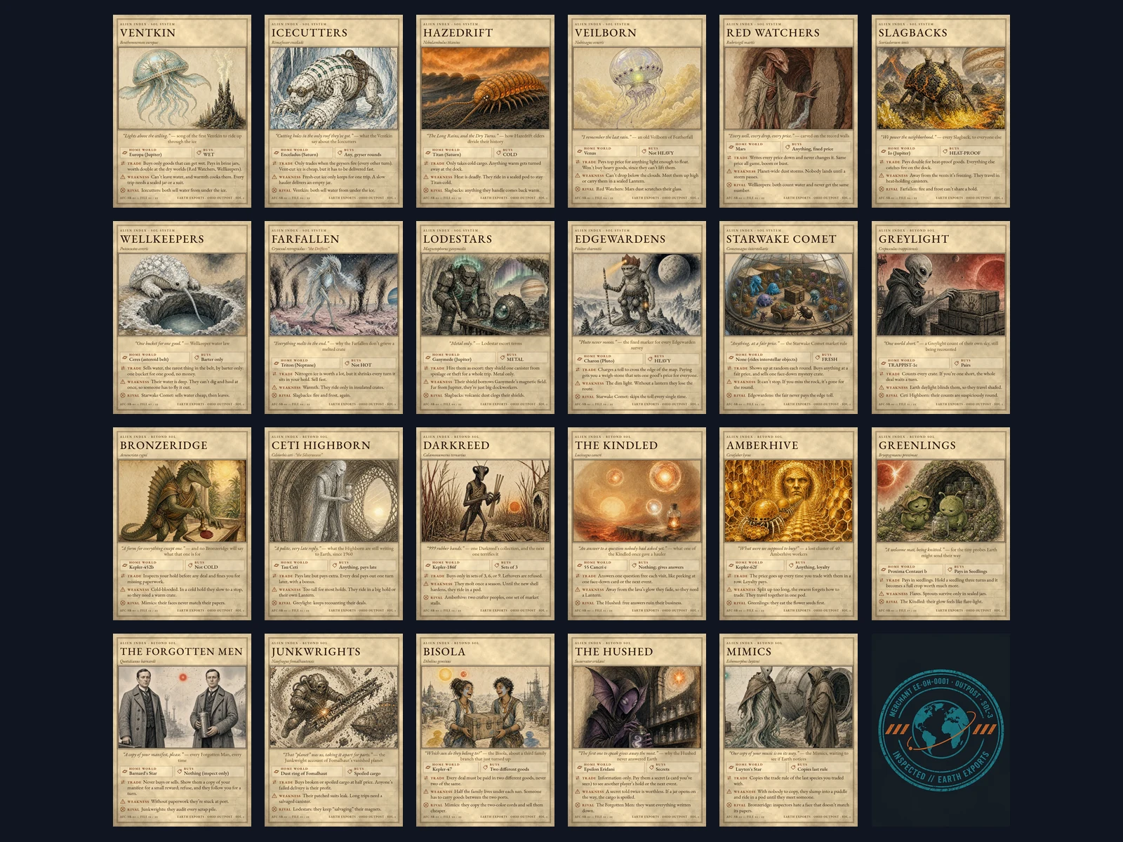 All 23 Earth Exports species cards laid out in a grid.